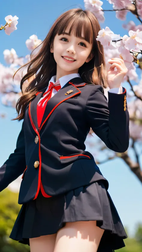 (Low angle shot of one slender small breasts red brown wavy long hair with dull bangs girl in a black blazer uniform with a red trimmed collar and black skirt:1.5)、(A girl is dancing in the park with happy smile:1.5)、(Beautiful blue sky and cherry blossoms...