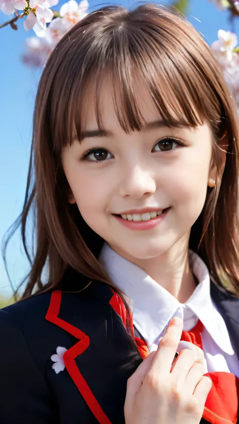 (Face shot of one slender small breasts red brown wavy long hair with dull bangs girl in a black blazer uniform with a red trimmed collar and black skirt:1.5)、(A girl salute in the park with happy smile:1.5)、(Beautiful blue sky and cherry blossoms in full ...