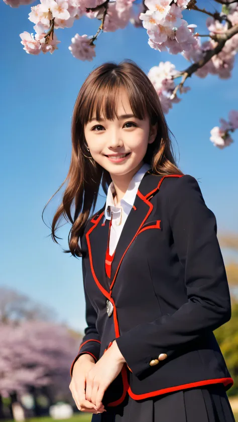 (Face shot of one slender small breasts red brown wavy long hair with dull bangs girl in a black blazer uniform with a red trimmed collar and black skirt:1.5)、(A girl salute in the park with happy smile:1.5)、(Beautiful blue sky and cherry blossoms in full ...