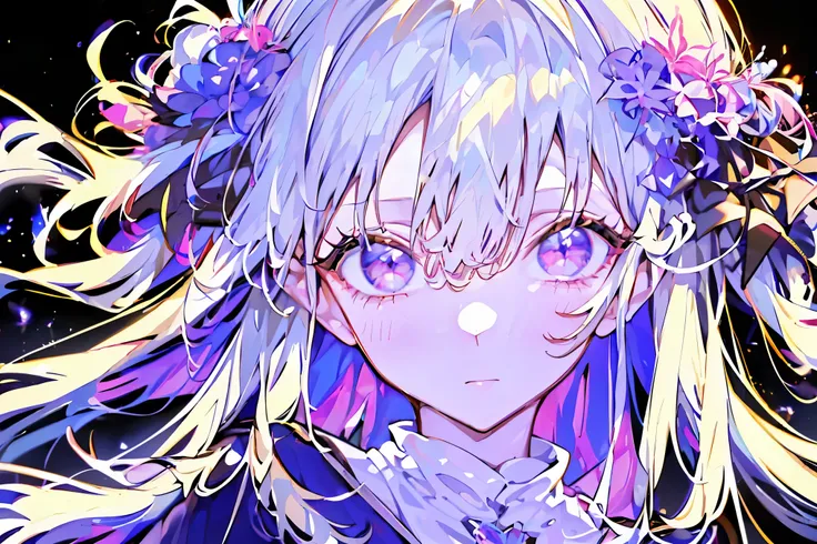 (((Best quality, 8k, Masterpiece: 1.3)), ((best quality)), ((masterpiece)), (detailed), perfect face, perfect body, (detailed skin:1.3), (intricate details), Witch, adult woman, deep blue robe, background (violet flames), hair ornament with hyacinth motif,...