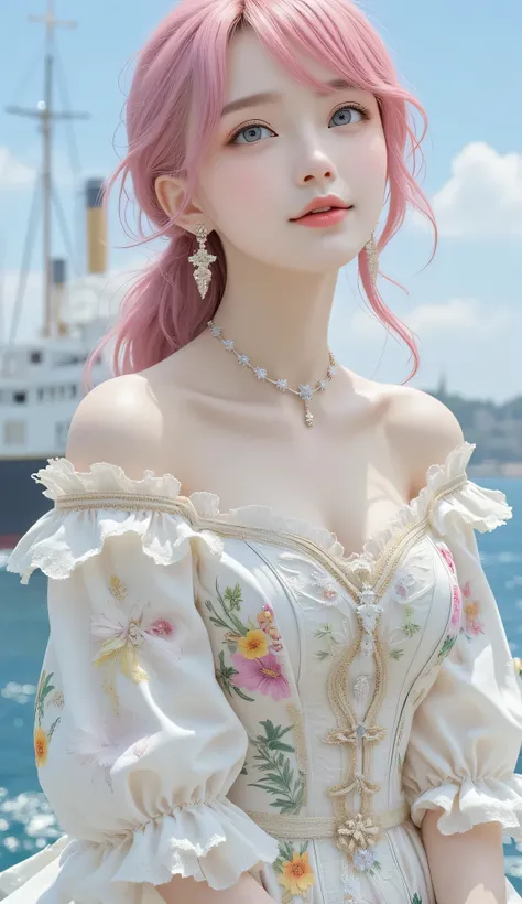 Russian girl dressed in a cute , very pale skin , pear shaped, Realistic hands, pink hair , pink eyes,(cute dress with colorful patterns), A passenger ship at sea, Titanic actress, pretty smile
