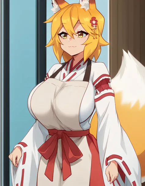 score_9, score_8_up, score_7_up, source_anime,
kitsunesenko, senko, bangs, blonde hair, hair ornament, animal ears, hair between eyes, yellow eyes, flower, hair flower, animal ear fluff, fox ears, red flower, fox girl, huge breasts,
long sleeves, tail, jap...
