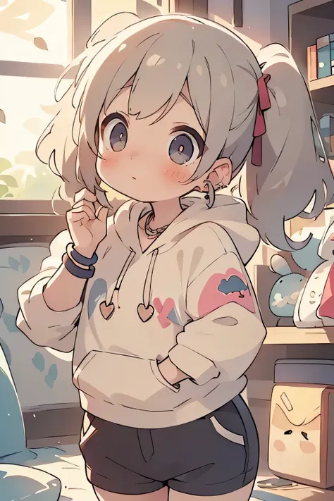 high quality,realistic,4K's,Ultra Detailed Description,Photographer Style,Wearing a neo-gothic, vintage,Twin tails,Silver-haired,Hoodie's,hoodie,huge, looks up,pause,cute,necklaces,ring,Bracelets,earrings,Low rise short pants,natural light,Deep colors,Conc...