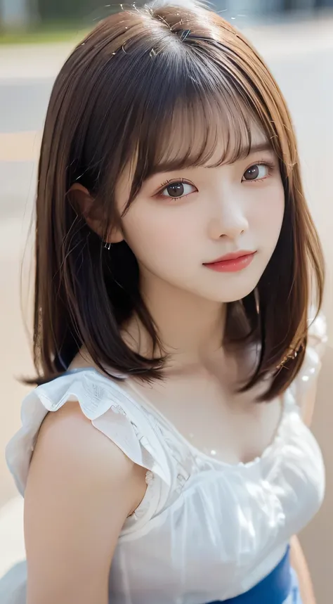 (beautiful girl、cute face、stares at viewers:1.3)、top quality,8K image、 perfect double eyelids、happy、natural color makeup、Moist lips、white skin、(straight hair、medium hair、straight hair, Strongly Blurred White Background 、white camisole、 frill、 frill、Midi Sk...