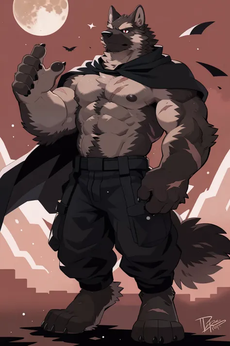 wolf face, Alone, topless, German Shepherd, (Black cape), Functional military pants, red eyes:1.4, (Full moon background), (Artist:Takemoto Arashi), twitchemote, Mature face, elder, Side of the character, Looking at the audience, Clear facial details, glin...