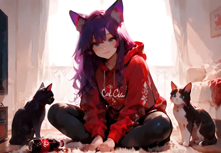 ( Hi res ), ((masterpiece)) , ((best quality)), illustration, hairy,
cat, animal ears, cola, body skin, a girl, to throw, upper body, a girl, Alone , long hair,Violet hair color, *//*, blue eyes, *//*, red hoodie, black leggings, watching the viewer, mi...