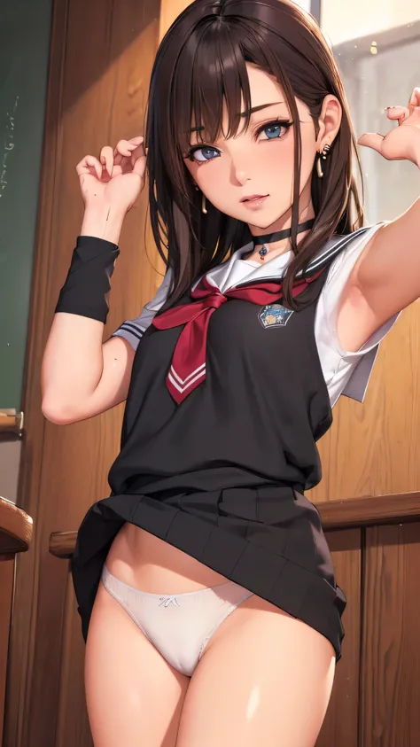 (((Clean School Uniform))),(((Strict school uniform)))ultra high definition , mature women, mature women, very well detailed, (()), perfect hands with full nudity, Fine fingers , beautiful details , ((Long, long hair)),(()),black choker, earrings,perfect e...