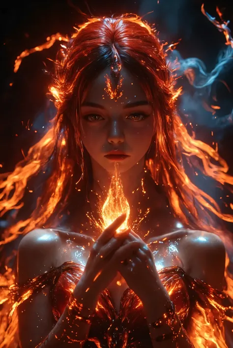 The smiling spirit of fire engulfed in flames all over the body((long straight red hair with fire))scowl the person((very, very big eyes that shine red))beautiful, smooth, white, silky skin, very lean body、(Luxurious Fantasy Dress)、luxurious large tiara、Lu...