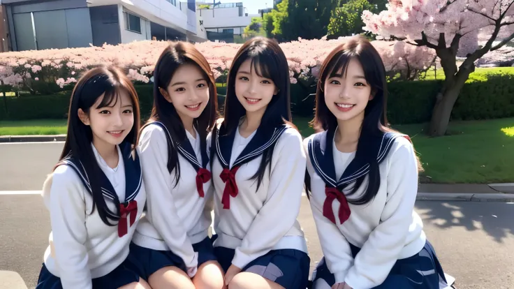 School girl in sailor suit sitting on slope of bank, Japanese, idol face, very high quality, reality, cherry blossom, semi-long, black hair, smiling, long sleeves, full body, Happy smiles and idle faces., short bob, Delicate girl, sophisticated, 3 women