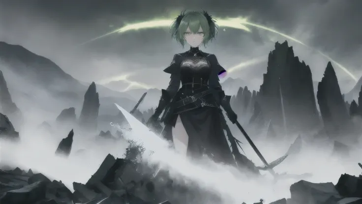 Masterpiece, Best Quality, Top Quality, Very Detailed, A fierce anime-style warrior woman with short, pale green hair and intense glowing green eyes, standing against a dark, apocalyptic landscape. She wears a sleek black gothic combat outfit with intricat...