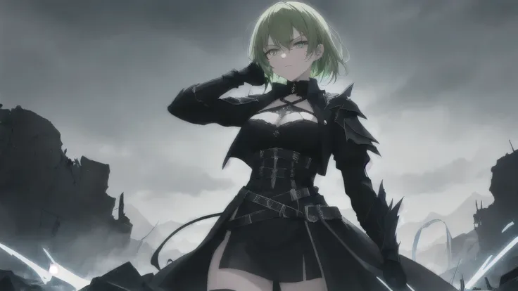 Masterpiece, Best Quality, Top Quality, Very Detailed, A fierce anime-style warrior woman with short, pale green hair and intense glowing green eyes, standing against a dark, apocalyptic landscape. She wears a sleek black gothic combat outfit with intricat...