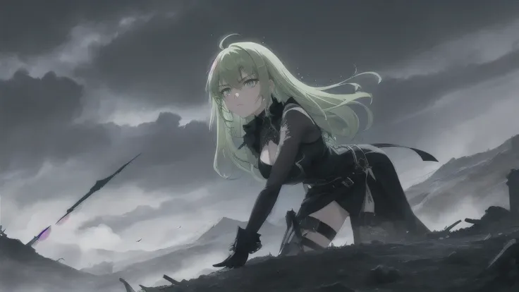 Masterpiece, Best Quality, Top Quality, Very Detailed, A fierce anime-style warrior woman with short, pale green hair and intense glowing green eyes, standing against a dark, apocalyptic landscape. She wears a sleek black gothic combat outfit with intricat...