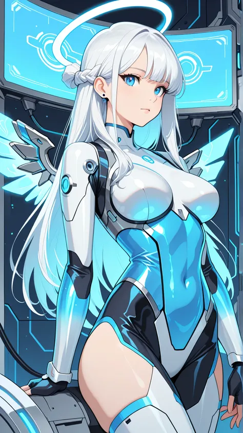 Masterpiece, Best Quality, Top Quality, Very Detailed, A futuristic anime-style female cyborg with flowing white hair and piercing blue eyes, standing in a high-tech environment filled with glowing blue circuits and mechanical structures. She wears a sleek...