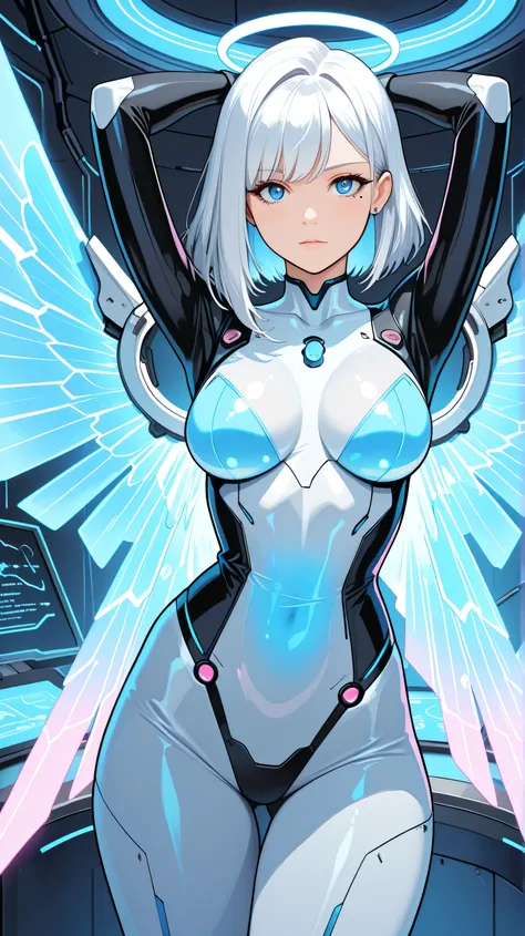 Masterpiece, Best Quality, Top Quality, Very Detailed, A futuristic anime-style female cyborg with flowing white hair and piercing blue eyes, standing in a high-tech environment filled with glowing blue circuits and mechanical structures. She wears a sleek...