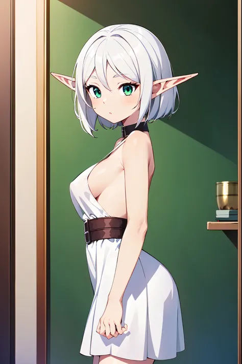 1girl, Female Elves (White dress 3.4) feet bare small tits WHITE HAIR A  girl Standing Masterpiece, Anatomically correct, (Green Eye 5.5) From Suave Anime CG Art, 