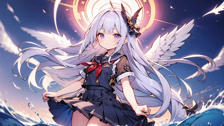 Winged、Purple long hair girl、Azur Lane、Valkyrie、 are floating、schools、 circle of angels in dark、White school uniform