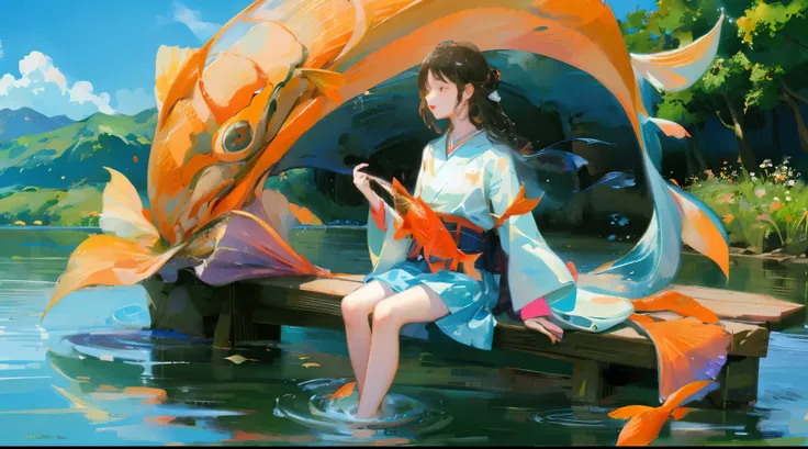 girl in school clothes,  climbs wet ,  water drops , sitting in a lake with fish, japanese fish, orange fish.
