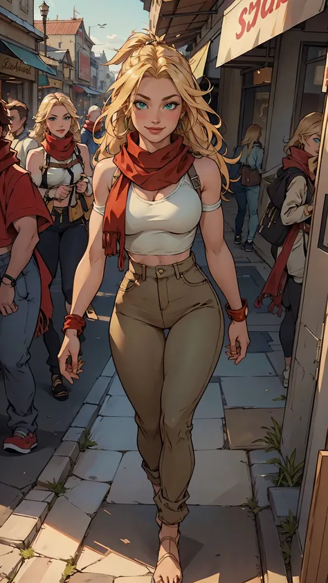 a beautiful Rikku from final fantasy X-2, blonde hair, casual outfit,realistic, detailed portrait, beautiful young woman, detailed facial features, bright green eyes, warm smile, confident expression, long blonde hair, red scarf, detailed clothing, detaile...