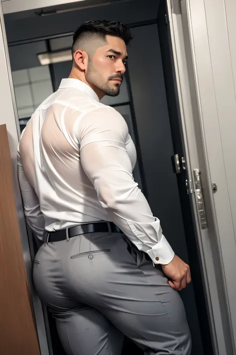 40-year-old boy Japanese muscular male in transparent white formal shirt......... short haired, bearded, wearing ligg shiny grey trouser ...........gooning seductive expression.................... dripping on body and pants...................., arching bac...