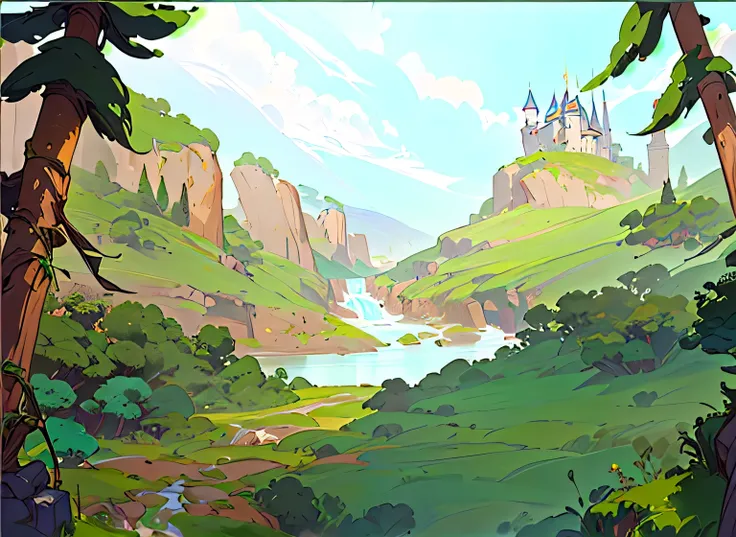 cartoon illustration of a river running through a lush green forest, background art, painted as a game concept art, an epic landscape, scenery game concept art, concept art. epic landscape, 2 d game environment design, stylized concept art, magical fantasy...