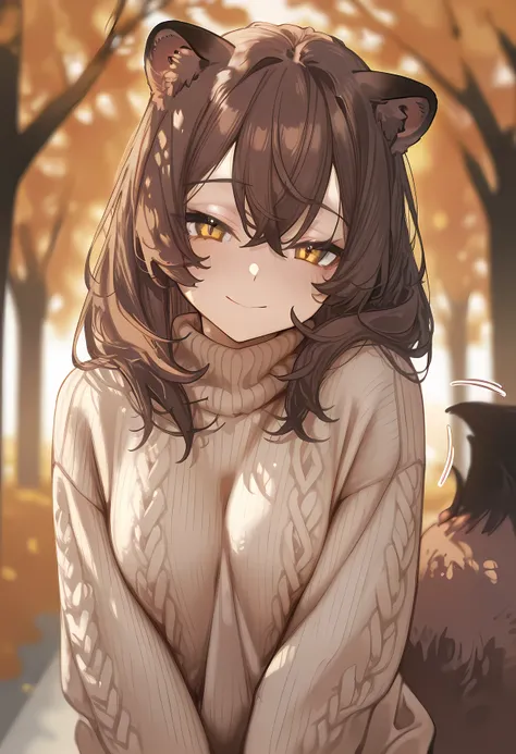 aruhshura, detailed eyes, 1girl, tanuki girl, fluffy and slightly wavy medium-length hair, soft brown fur blending into her silky hair, expressive tanuki ears twitching slightly, warm and inviting golden eyes, gentle blush on her cheeks, cute and endearing...