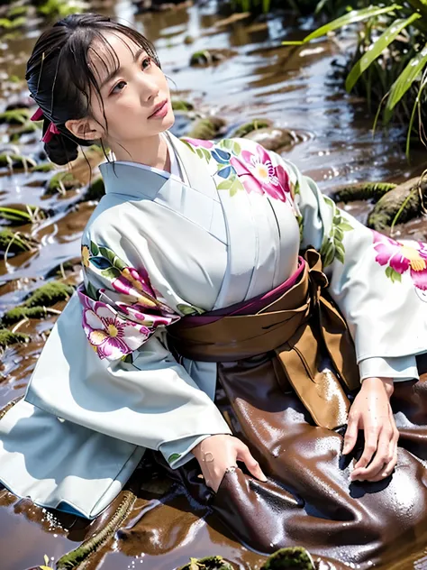 Realistic, long-sleeved kimono, hakama, long hakama, floral patterned kimono, wet clothes, soaking wet clothes, wet and shiny clothes, clothes with a wet texture, clothes that stick to the body, wet clothes, soaking wet, immersed in muddy water, sinking in...