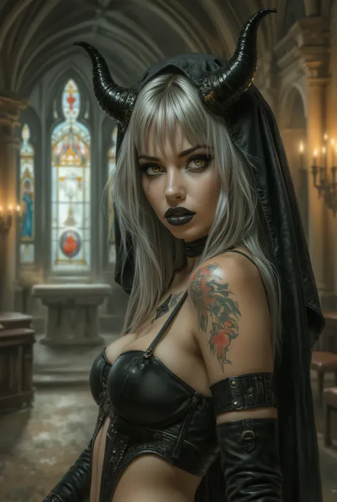 “Photorealistic portrait of a demonic young woman posing in a sensual pose, with black horns that emerge from a dark nun style veil, long silvery-white hair, gothic makeup (black lips , intense eyes). Wear a minimal black top and very succinct black leathe...