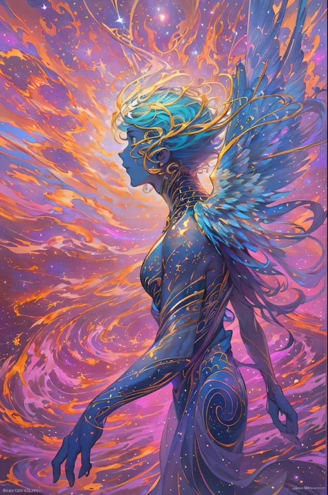 A colossal, winged humanoid celestial being, a shapeshifting angel of the cosmos, soaring through the vast expanse of the Universe. Its ethereal form shimmers with the luminous flow of nebulae and supernovas, seamlessly blending vibrant shades of blue, gre...