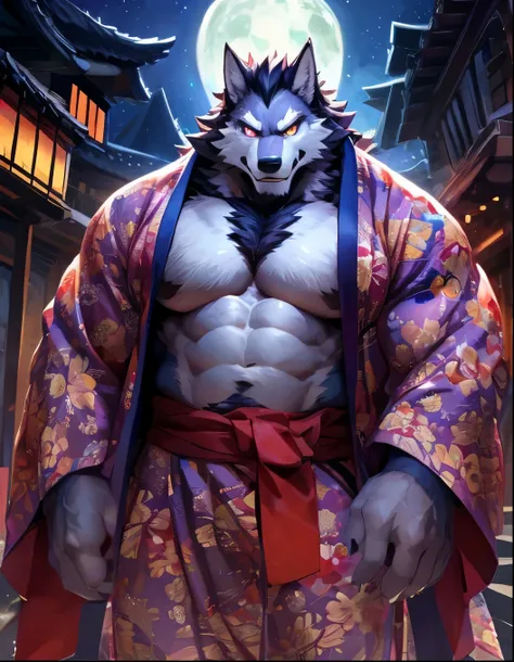 Alone ,masterpiece,High quality,(detailed eyes),Wolf male hairy,((lobo)), huge and muscular,Huge Body,looking at viewer,looking at viewer,Showing muscle,((Yukata)), night,officer,,( by null-ghost ),of pine daeni