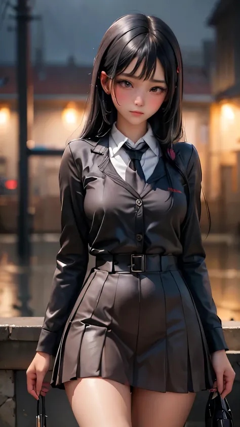 1girl, long black hair, school uniform, shy, blush, wet, rain, transparent, (masterpiece, best quality), soft light, cinematic composition, cinematic light