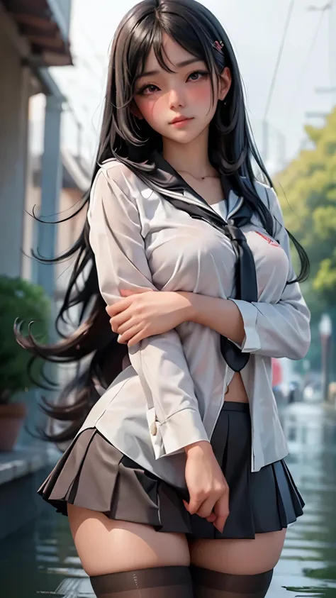 1girl, long black hair, school uniform, shy, blush, wet, rain, transparent, (masterpiece, best quality), soft light, cinematic composition, cinematic light