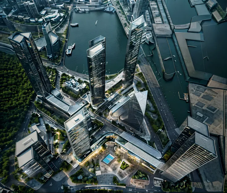 High-angle, ultra-realistic architectural rendering of a futuristic cityscape. Towering, slender black skyscrapers with evenly spaced horizontal bands rise in a meticulously designed, interconnected urban environment. The tower structures are made of sleek...
