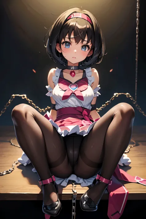 Erica、Pokémon、Black Hair、Short Hair、((Cure Melody))、Large Breasts、Jail、One girl、((pantyhose))、(Long gloves)、(first round)、(Chained)、((on the examination table))、(Being restrained)、Leg spread