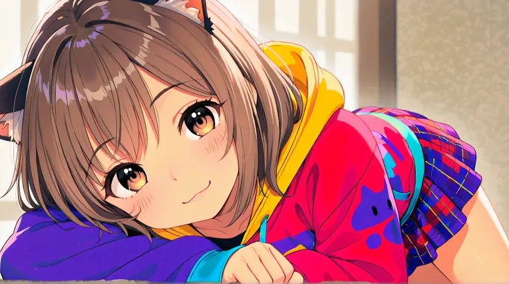 A petite anime-style girl with cat ears and a delicate Japanese facial appearance. She has large, expressive eyes that radiate warmth and curiosity. Her soft brown hair frames her face, adding to her charming and innocent look. Her feline ears twitch sligh...