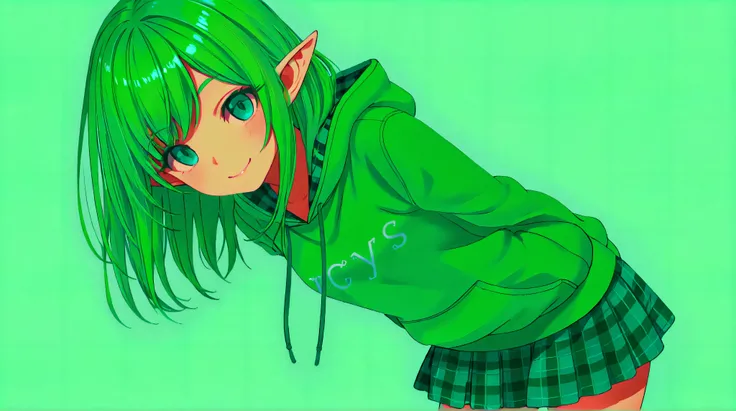 A petite elf with vibrant green wears a cute hoodie paired with a plaid-patterned mini skirt, creating a stylish and lively look. Her casual and cheerful attire, featuring vibrant colors on the hoodie and classic checkered patterns on the skirt, conveys a ...