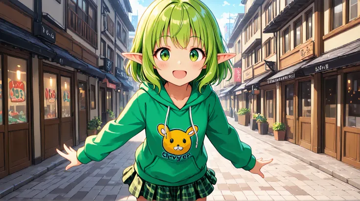 A petite elf with vibrant green hair. She wears a cute hoodie paired with a plaid-patterned mini skirt, creating a stylish and lively look. Her casual and cheerful attire, featuring vibrant colors on the hoodie and classic checkered patterns on the skirt, ...