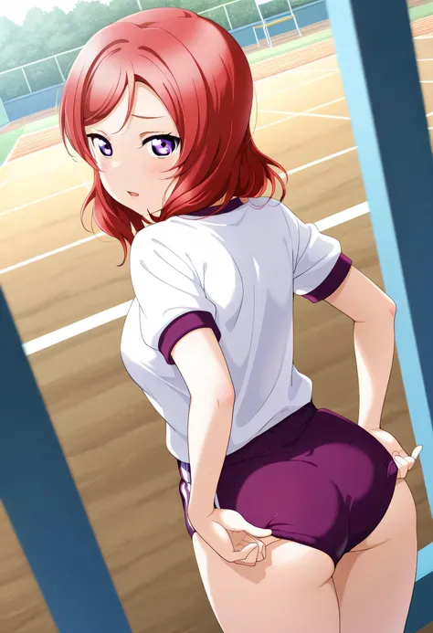 masterpiece, best quality, 1girl, solo, lovelive_maki,white shirt,red buruma, breasts, red hair, medium hair, purple eyes,embarrassing,looking at viewer, open mouth,(back),standing,(((adjusting red buruma))),(school yard),