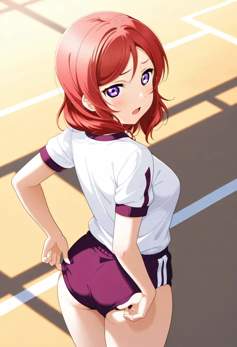 masterpiece, best quality, 1girl, solo, lovelive_maki,white shirt,red buruma, breasts, red hair, medium hair, purple eyes,embarrassing,looking at viewer, open mouth,(back),standing,(((adjusting red buruma))),(school yard),