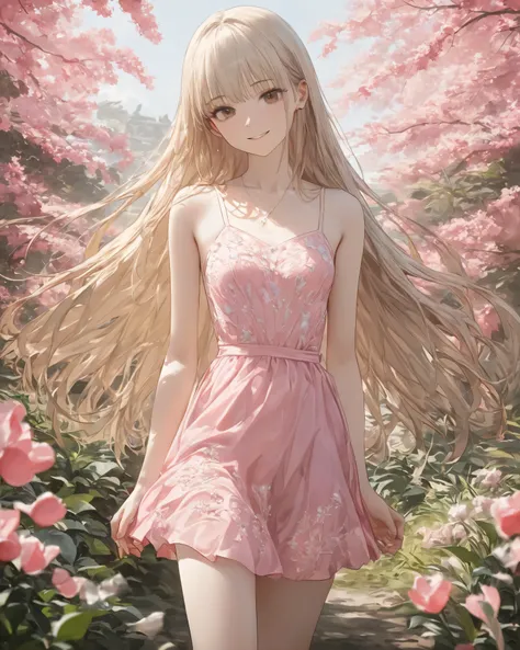 (masterpiece, top quality, very beautiful, Full Body、 complicated 、4K、 pink spring dress、)、(Smile lightly),(cute)、high definition, masterpiece, anatomically accurate, accurate, has won many awards, highest quality, details, High details, quality, very wel...