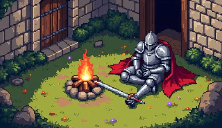 "A pixel art scene of a medieval knight resting beside a campfire in a grassy courtyard. The knight wears full silver armor with a red cape and lies on the ground, hands resting on their chest. A large sword with a red handle is placed on the grass near th...