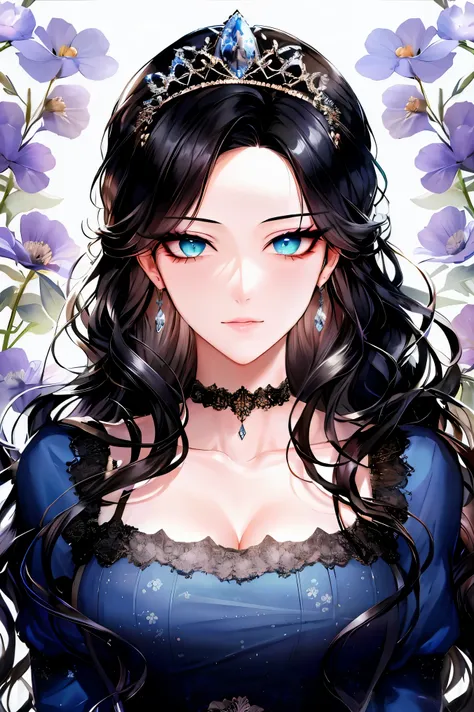 shoujo-style, floral background, romance manhwa, 1girl, black hair, solo, long hair, flower, dress, tiara, blue dress, gloves, long sleeves, choker, blue eyes, mascara, makeup, white gloves, black bow, black flower, wavy hair, bow, jewelry, looking at view...