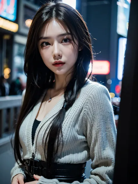 (8k, RAW photo, top quality, masterpiece:1.3),(realistic,photo-realistic:1.37),(watching viewers:1.331), Cyberpunk City,Soft light,1 girl, very beautiful face, Bust,Put your hands down ,random hairstyles,random expression,big eyes,
