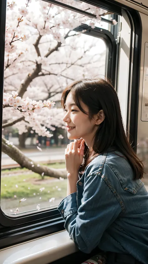 A woman happily looks at the cherry blossoms outside in full bloom from a train window