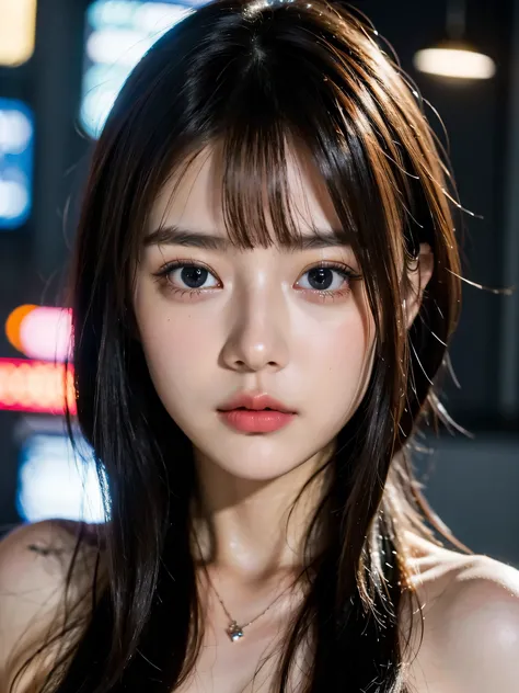 (8k, RAW photo, top quality, masterpiece:1.3),(realistic,photo-realistic:1.37),(watching viewers:1.331), Cyberpunk City,Soft light,1 girl, very beautiful face, Bust,Put your hands down ,random hairstyles,random expression,big eyes,