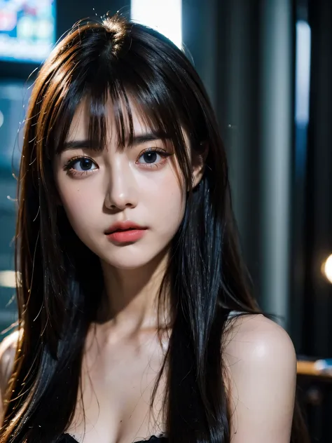 (8k, RAW photo, top quality, masterpiece:1.3),(realistic,photo-realistic:1.37),(watching viewers:1.331), Cyberpunk City,Soft light,1 girl, very beautiful face, Bust,Put your hands down ,random hairstyles,random expression,big eyes,