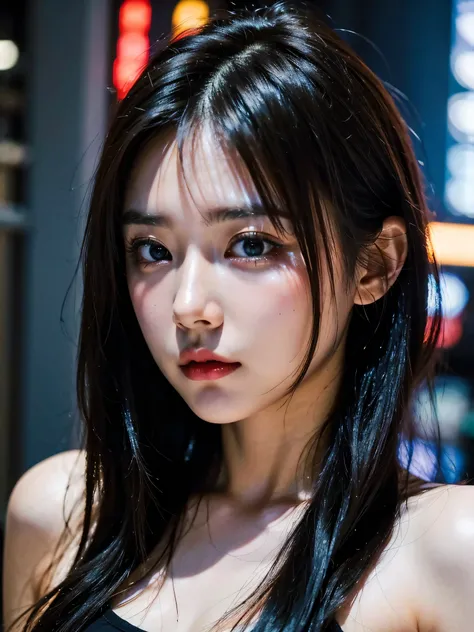 (8k, RAW photo, top quality, masterpiece:1.3),(realistic,photo-realistic:1.37),(watching viewers:1.331), Cyberpunk City,Soft light,1 girl, very beautiful face, Bust,Put your hands down ,random hairstyles,random expression,big eyes,