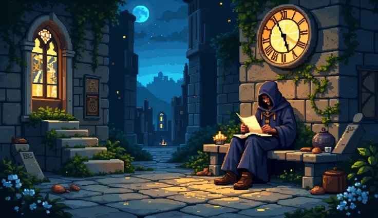 A cloaked traveler sits cross-legged on a weathered stone bench, their tattered cloak draped loosely over slumped shoulders. A hood hides their face, but their posture exudes quiet contemplation. One hand grips a rune-inscribed staff glowing softly, the ot...