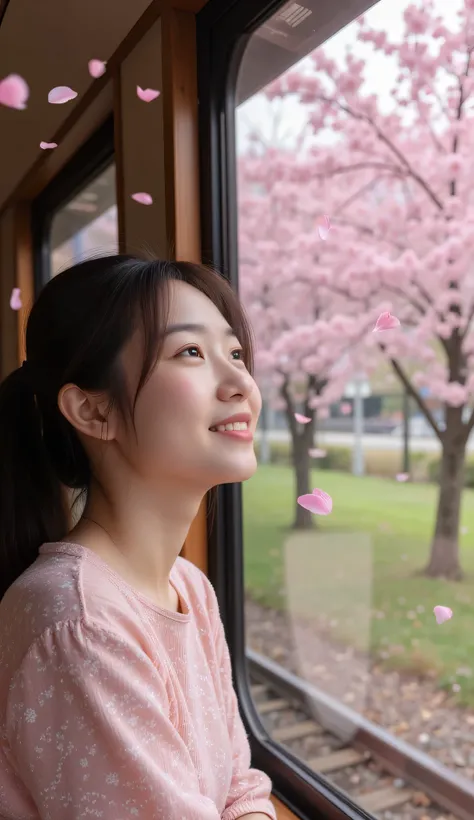 A woman happily looks at the cherry blossoms outside in full bloom from a train window