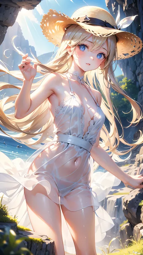 masterpiece,Best Quality,Very detailed,beautiful girl, ager,White dress,Straw hat,Mysterious Cave,Small breasts,Narrow waist,Straight blonde hair,Perfect Blue Eyes,Very cute,Active pose