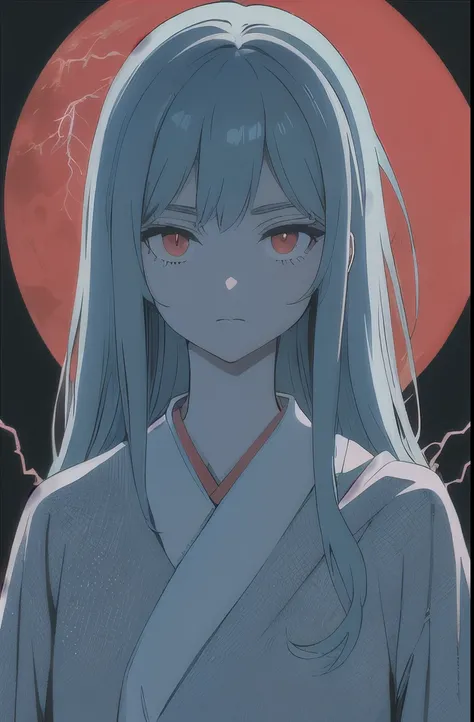 (flat color:1.3),(colorful:1.3),(masterpiece:1.2), best quality, original, extremely detailed wallpaper, looking at viewer, upperbody shot of a girl infused with lightning, fully clothed with blue long robe, highly detailed, extremely detailed, red eyes, e...